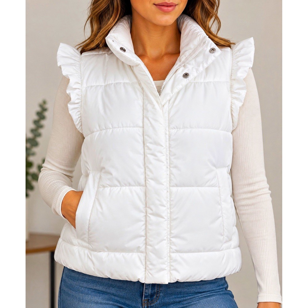 ODDI Women’s Puffer Vest S White Quilted Ruffle Snap Front Collared Sleeveless